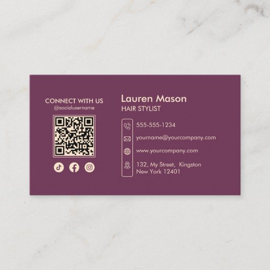 Elegante Maroon Haarstylist Haardressoir QR-code Visitekaartje (Voorkant)