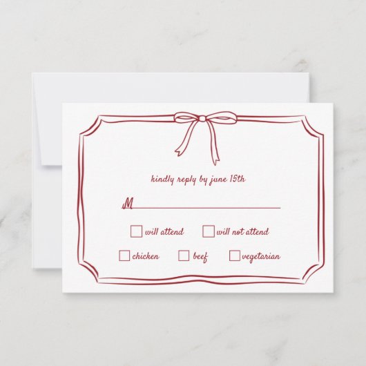 Elegante Maroon Hand-getrokken Bow Tijdloze bruilo RSVP Kaartje (Voorkant)
