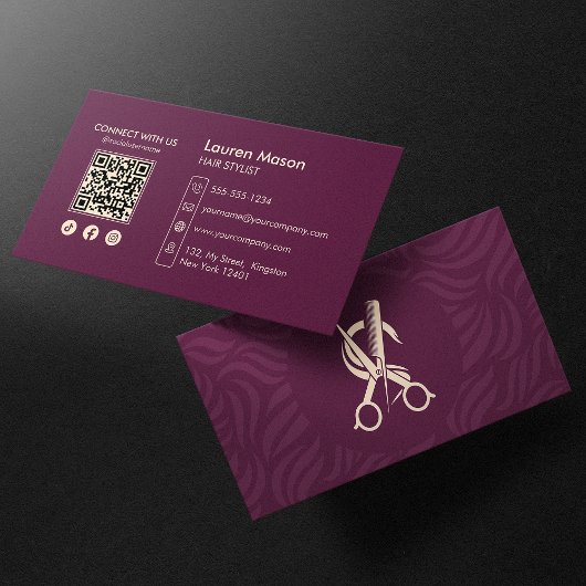 Elegante Maroon Kapper Kapsalon QR Code Visitekaartje