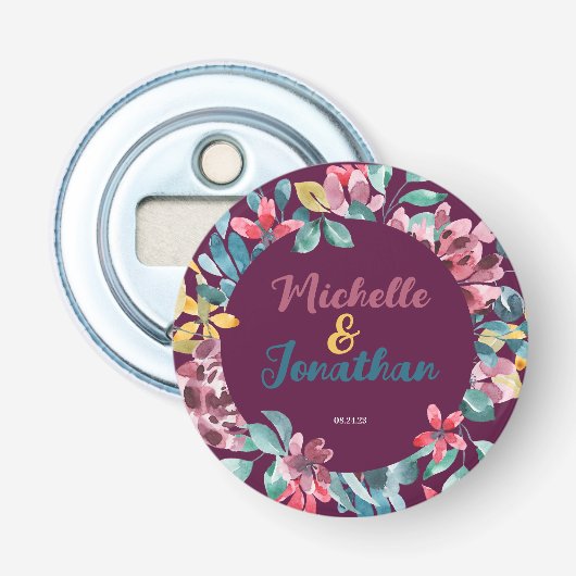 Elegante maroon kleurrijke waterverf bloemenbruilo button flesopener (Voorkant)