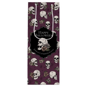 Elegante Maroon Paarse Floral Skulls Halloween Wijn Cadeautas