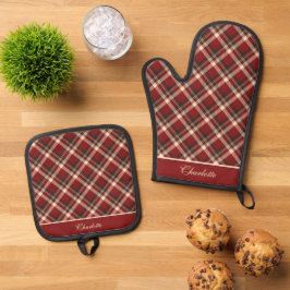 Elegante Maroon Rood Crème Royal Stewart Tartan Ovenwant & Pannenlap Set