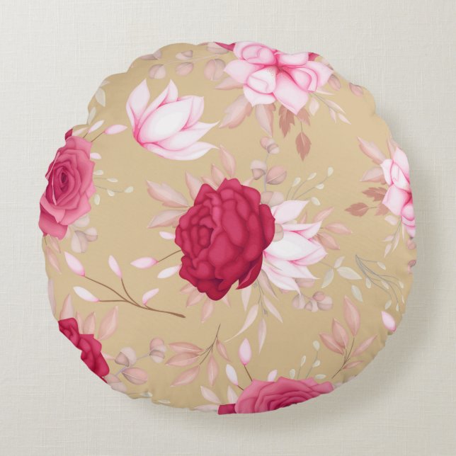 Elegante maroon, roze bloem rond kussen (Voorkant)
