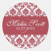 Elegante Maroon White Damask Wedding Favoriet Ronde Sticker (Voorkant)
