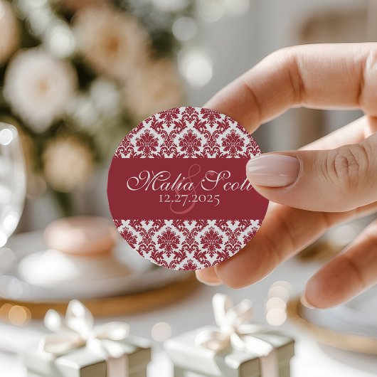 Elegante Maroon White Damask Wedding Favoriet Ronde Sticker