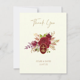 Elegante Marsala Bloemrijke Gouden Kruisbeeld Brui Bedankkaart