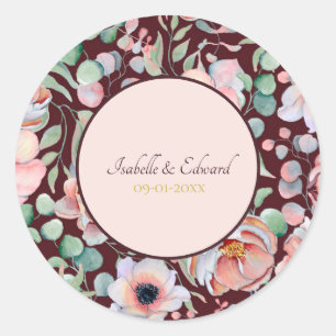 Elegante Marsala Blush Anemone Bloemen Bruiloft Ronde Sticker