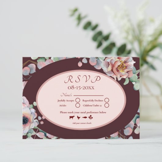 Elegante Marsala Blush Anemone Bloemen Bruiloft RSVP Kaartje (Staand voorkant)