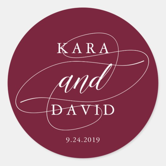 Elegante Marsala en witte kalligrafie bruiloft Ronde Sticker (Voorkant)