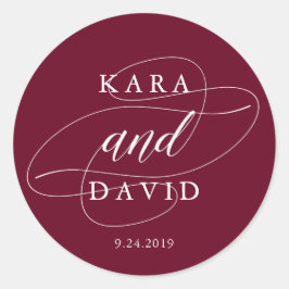 Elegante Marsala en witte kalligrafie bruiloft Ronde Sticker