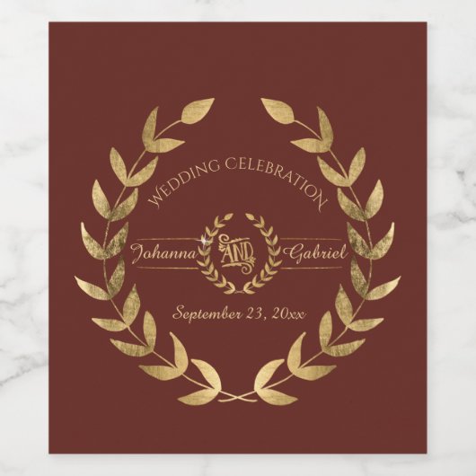 Elegante Marsala Gouden Bladkrans Huwelijksrecepti Wijn Etiket (Enkel label)
