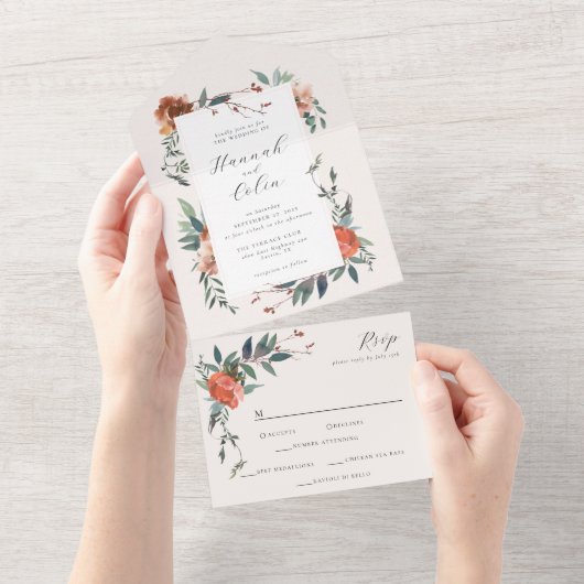 Elegante Marsala Peach Botanical Garden All In One Uitnodiging (Afscheurbaar)