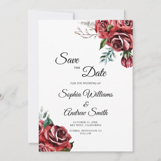 Elegante Marsala Red Rose Rustic Save The Date (Voorkant)