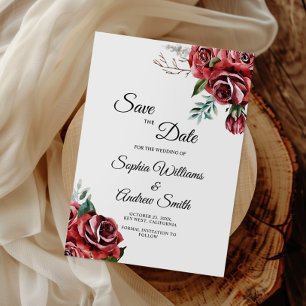 Elegante Marsala Red Rose Rustic Save The Date