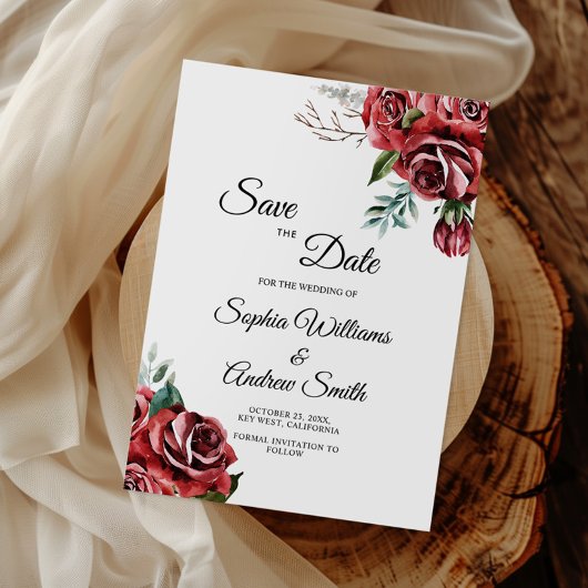Elegante Marsala Red Rose Rustic Save The Date
