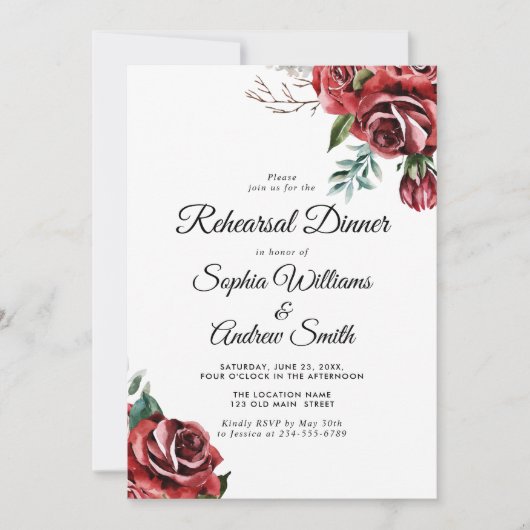 Elegante Marsala Red Rose Rustiek Trouwdiner Kaart (Voorkant)