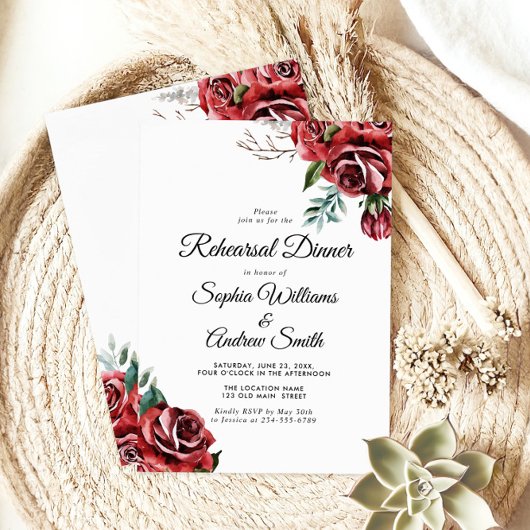 Elegante Marsala Red Rose Rustiek Trouwdiner Kaart