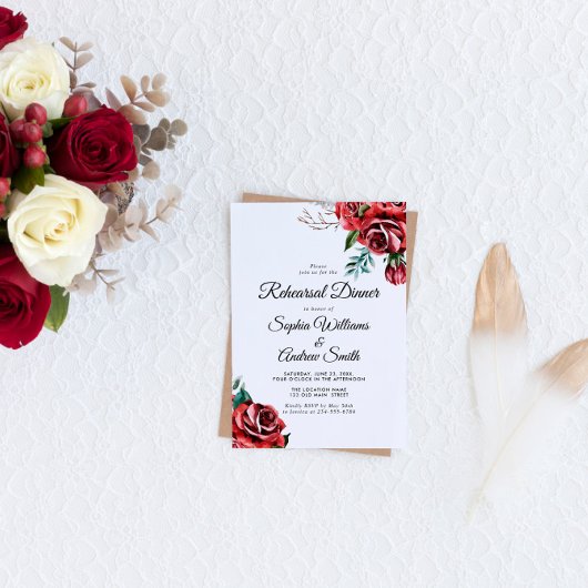 Elegante Marsala Red Rose Rustiek Trouwdiner Kaart