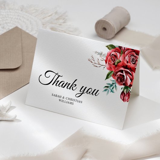 Elegante Marsala Red Rose rustieke bruiloft Bedankkaart