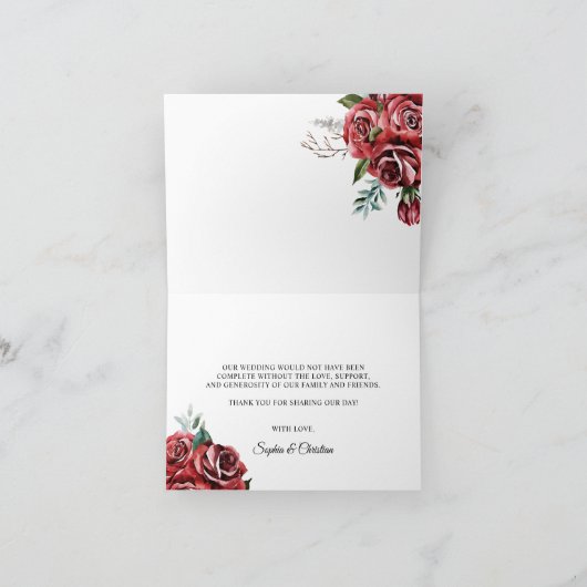 Elegante Marsala Red Rose rustieke bruiloft Bedankkaart (Binnen)