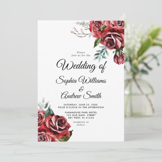 Elegante Marsala Red Rose rustieke bruiloft Kaart (Staand voorkant)