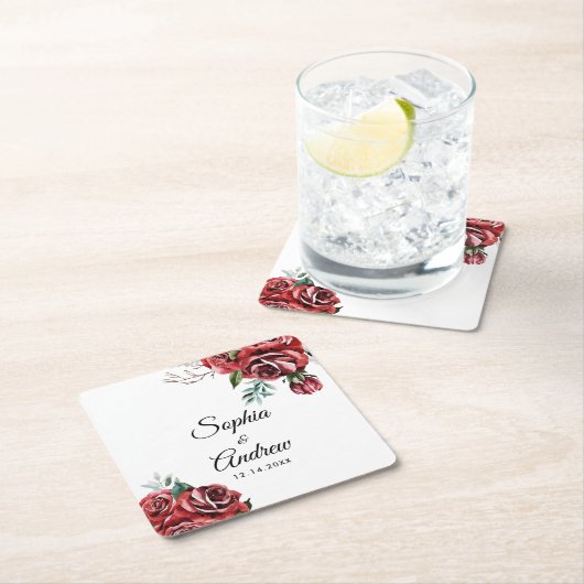 Elegante Marsala Red Rose rustieke bruiloft Kartonnen Onderzetters (Insitu)