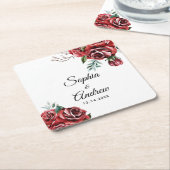 Elegante Marsala Red Rose rustieke bruiloft Kartonnen Onderzetters (Schuin)