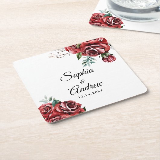 Elegante Marsala Red Rose rustieke bruiloft Kartonnen Onderzetters (Schuin)