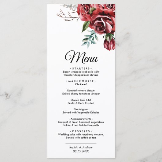 Elegante Marsala Red Rose rustieke bruiloft Menu (Voorkant)