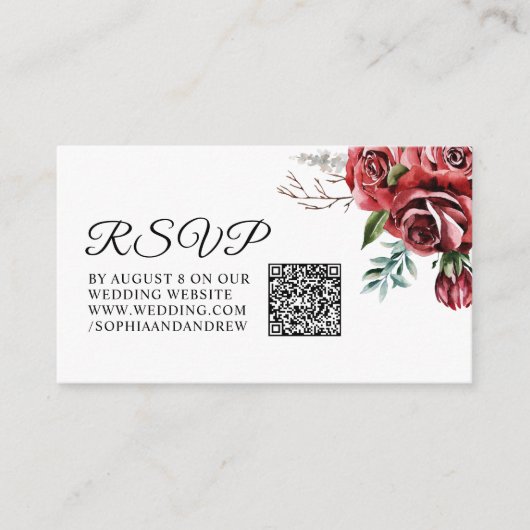 Elegante Marsala Red Rose Rustieke bruiloft QR RSV Informatiekaartje (Voorkant)