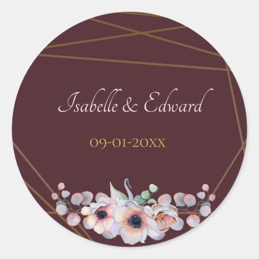 Elegante Marsala Roze Anemoon Bloemen Bruiloft Ronde Sticker (Voorkant)