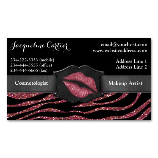 Elegante Marsala Zebra Glitter Kiss Cosmetologist Visitekaartje Magneet (Voorkant)