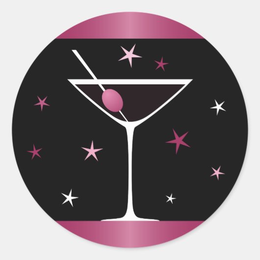 Elegante martini cocktail drink glas fuchsia zwart ronde sticker (Voorkant)