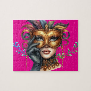 Elegante maskerade dame, gouden masker legpuzzel