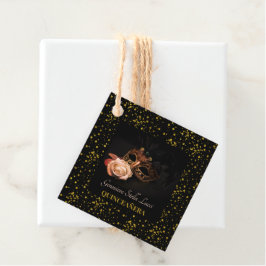 Elegante maskerade en witte roos bedankjes labels