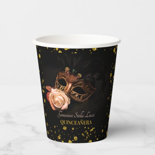 Elegante maskerade en witte roos papieren bekers (Voorkant)