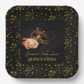 Elegante maskerade en witte roos papieren bordje (Voorkant)