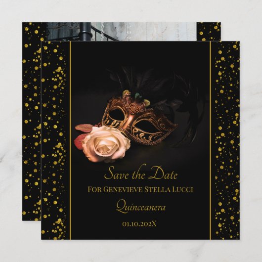 Elegante maskerade en witte roos save the date (Voorkant / Achterkant)