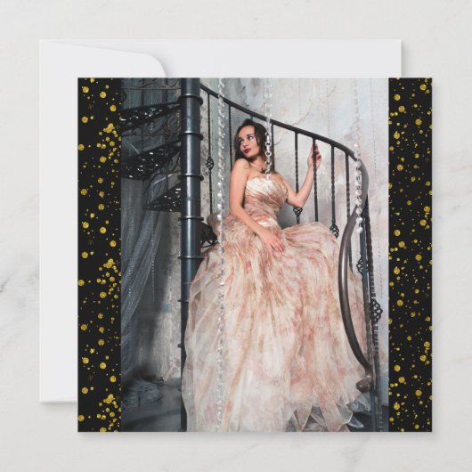 Elegante maskerade en witte roos save the date (Achterkant)