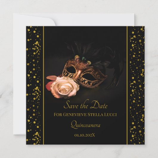 Elegante maskerade en witte roos save the date (Voorkant)