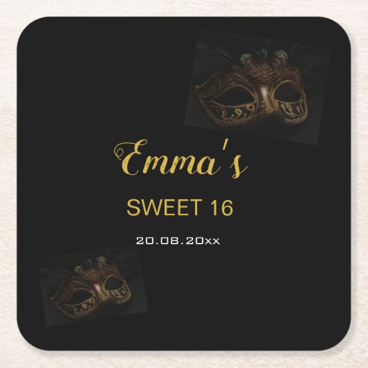 Elegante Masquerade Goud Zwart Zoet 16e Verjaardag Kartonnen Onderzetters (Voorkant)