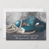 Elegante Masquerade Masker & Parels Partij Uitnodi Kaart (Voorkant)