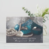 Elegante Masquerade Masker & Parels Partij Uitnodi Kaart (Staand voorkant)