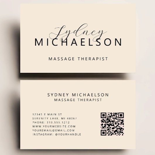 Elegante Massage Therapeut QR Code Neutraal Beige Visitekaartje