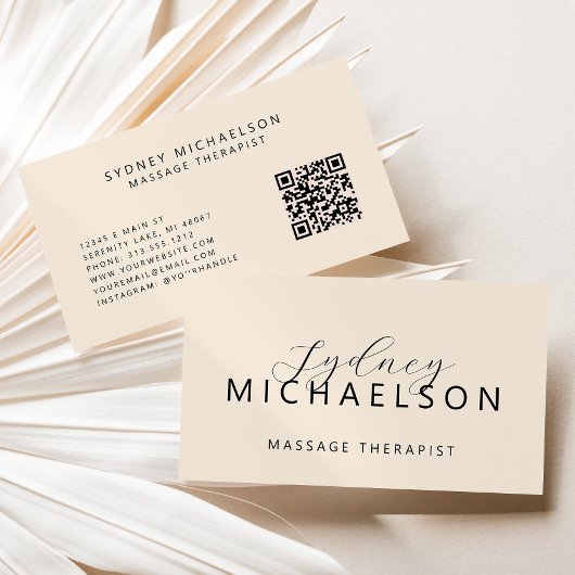 Elegante Massage Therapeut QR Code Neutraal Beige Visitekaartje
