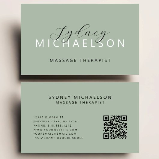 Elegante Massage Therapeut QR Code Salie Groen Visitekaartje