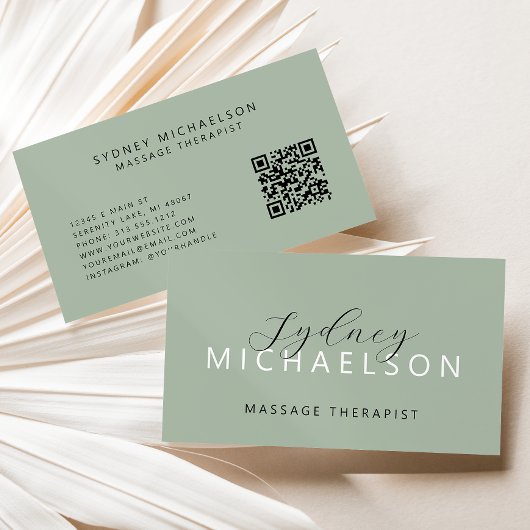 Elegante Massage Therapeut QR Code Salie Groen Visitekaartje