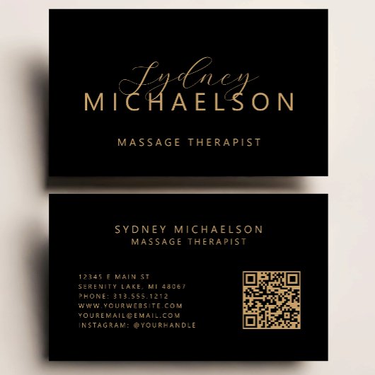 Elegante Massage Therapeut QR Code Zwart Goud Visitekaartje