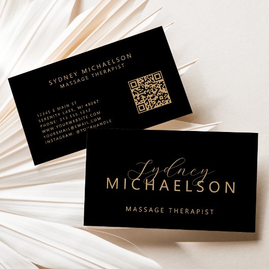 Elegante Massage Therapeut QR Code Zwart Goud Visitekaartje