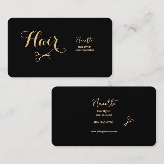 Elegante Master Haarstylist Zwart en Goud Visitekaartje (Voorkant / Achterkant)